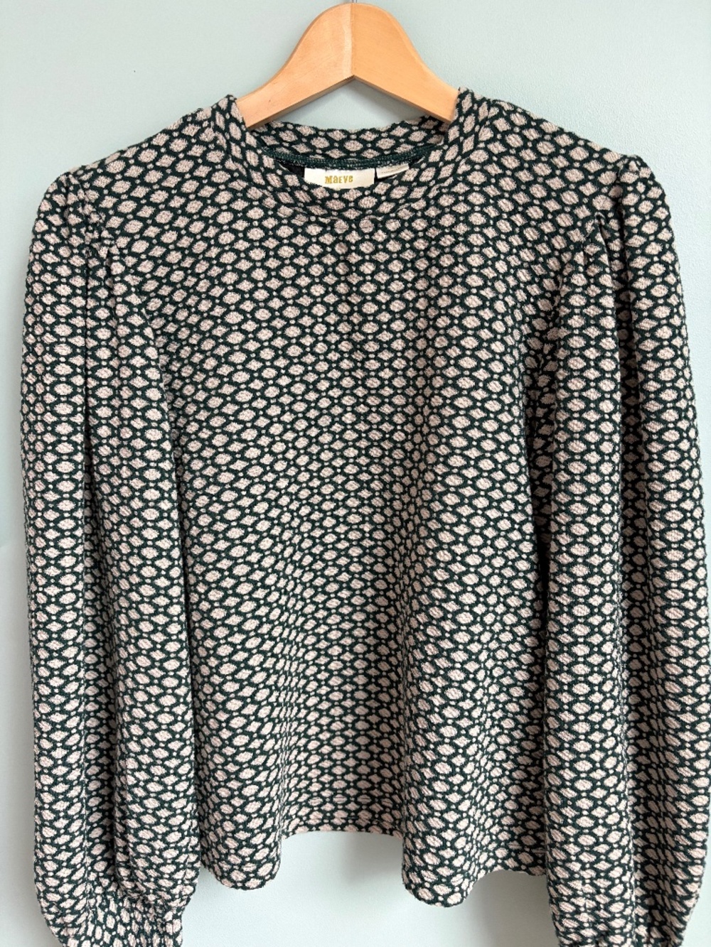 Anthropologie Maeve Patterned Balloon Long Sleeved Green Sweater